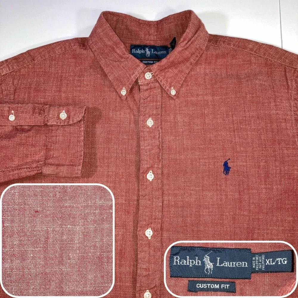 Polo Ralph Lauren Shirt Mens XL Red Slub Cotton Custom Fit Flesh Pony Linen Like